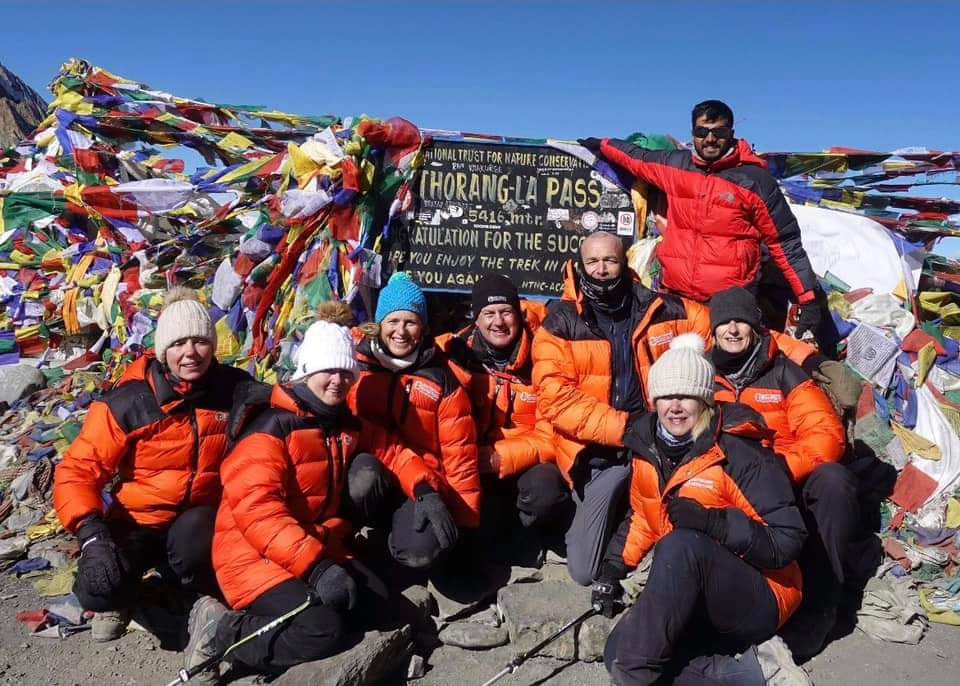 taking a Group picture at the top of Thorang La 5416m in sunny & cold day