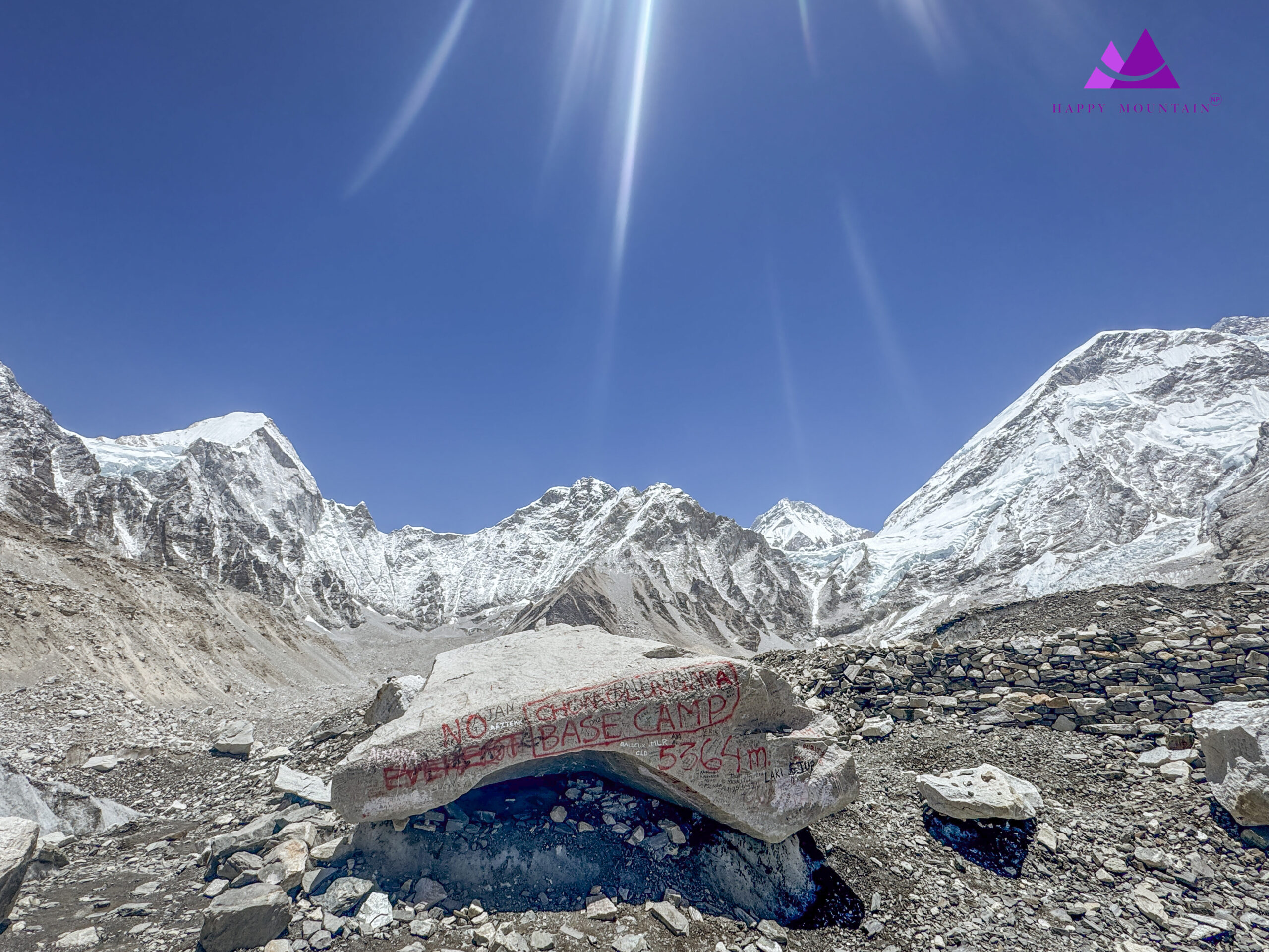 Everest Base Camp in Sunny Day with sunrays