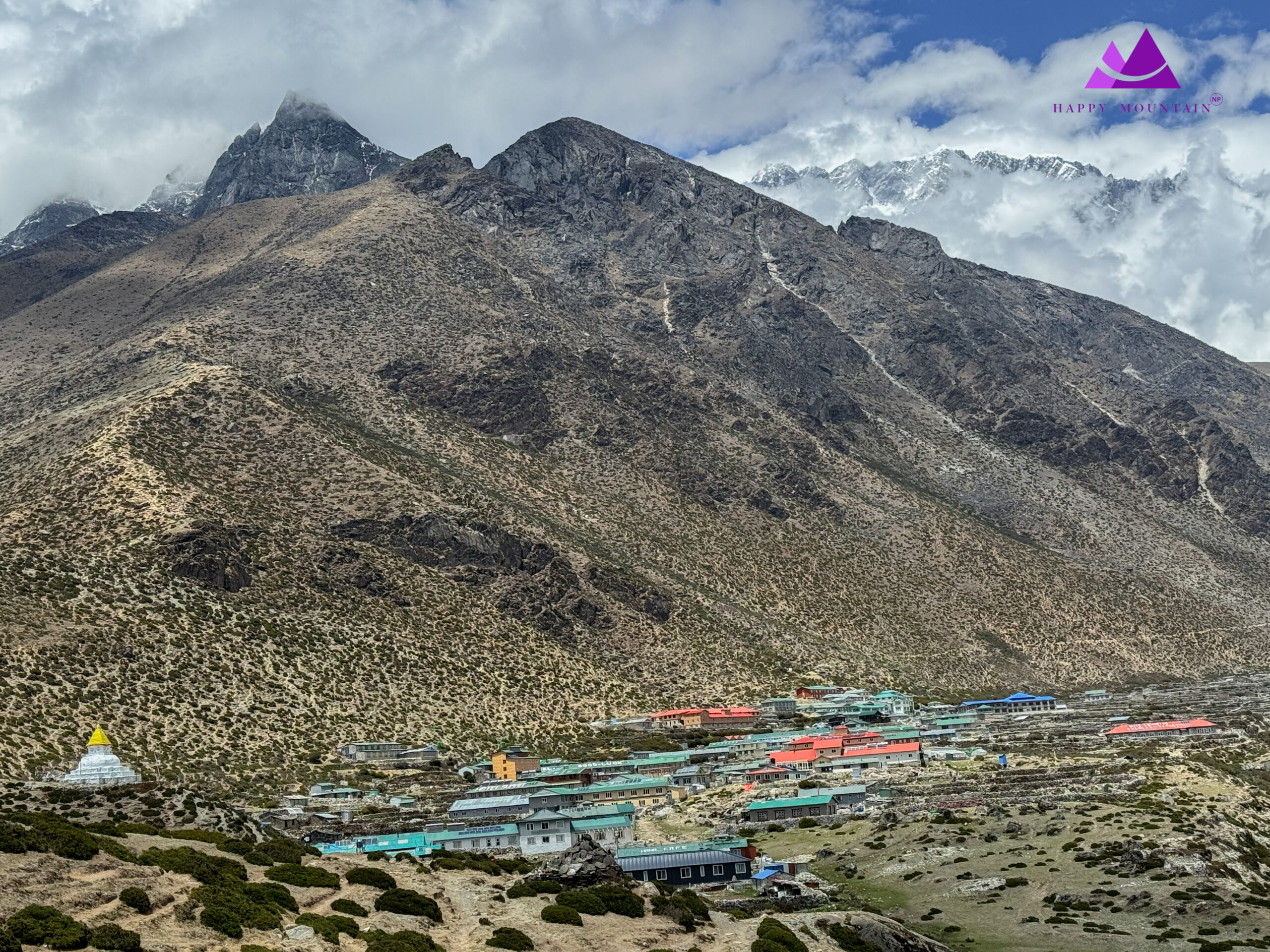 Dingboche village with the stupa & Nuptse & Lhotse in the background