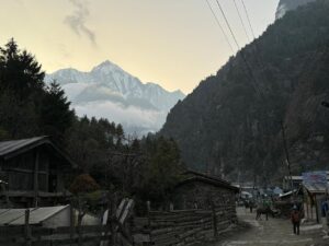 Mt. Manaslu seen from Chame bazar in the clear morning