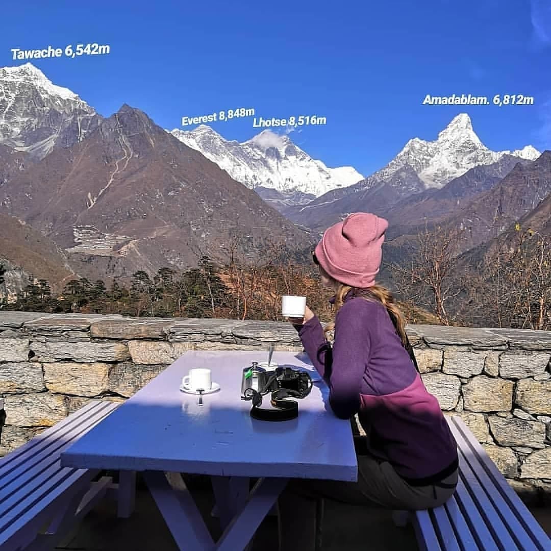 Coffee at Everest View hotel with the view of Everest. Lhotse, nuptse & surrounding himalayas