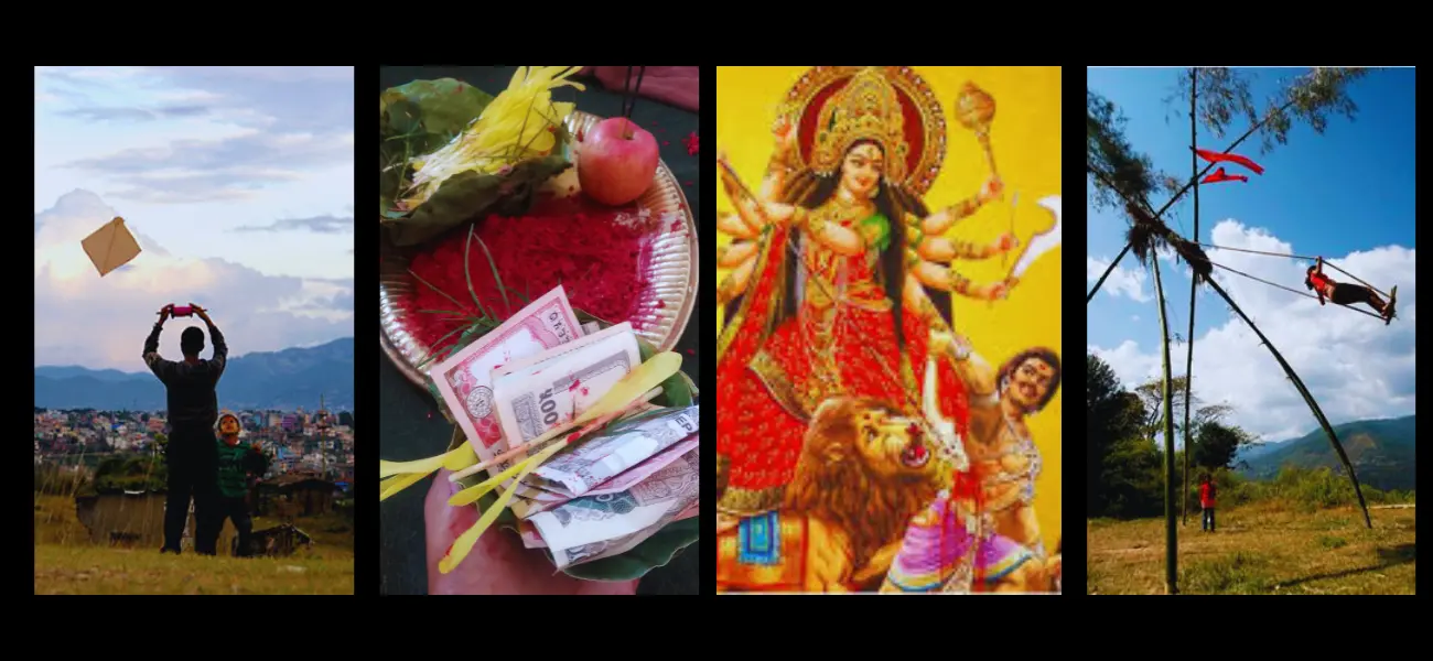 This image is a vertical collage of three distinct scenes, likely related to cultural or religious practices in Nepal, particularly the Dashain festival: