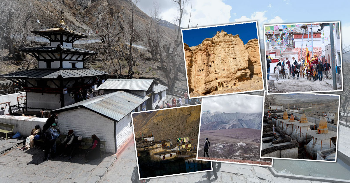 mukinath temple view and mustang monastries and villages in the side