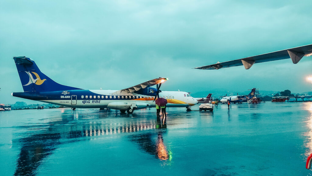 A Buddha Air aircraft is ready to take off to wards Pokhara