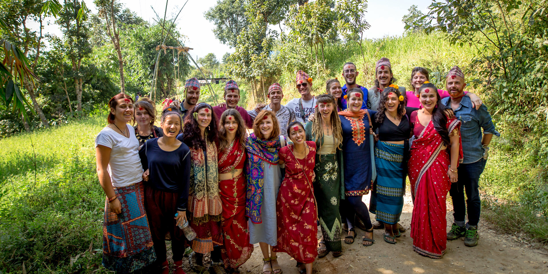 foreigners enjoying celebrating Dashin festival in Nepal