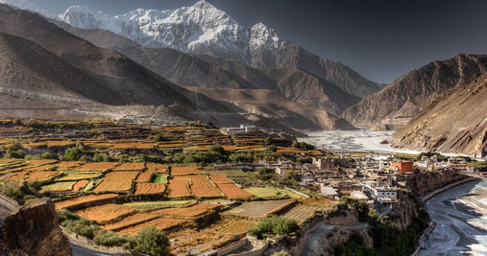 Kagbeni Village, Farms & Nilgiri mountain in the Background