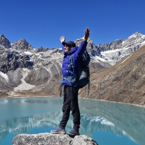 Mr. Gokarna Thapa is admiring the Gokyo lake & Gokyo valley.