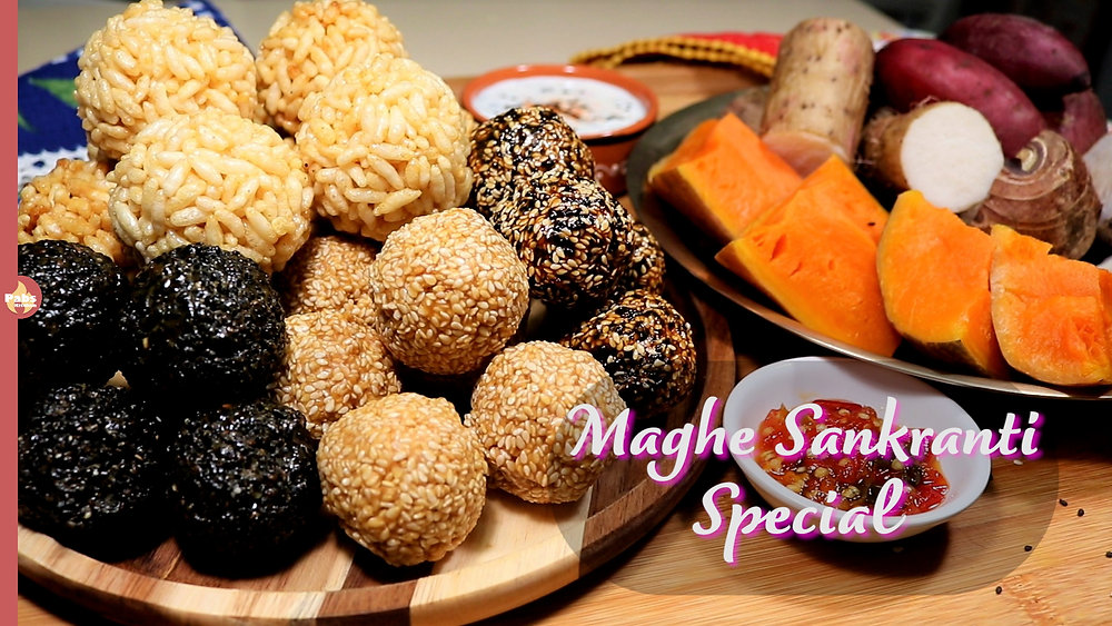 Til ko ladoo and sweet potato as a main dish for celebrating maghrsagrati