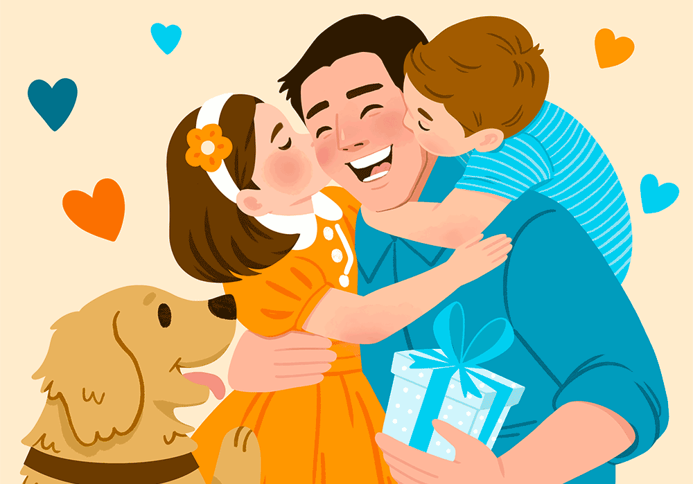 Children giving gift and kissing their dad