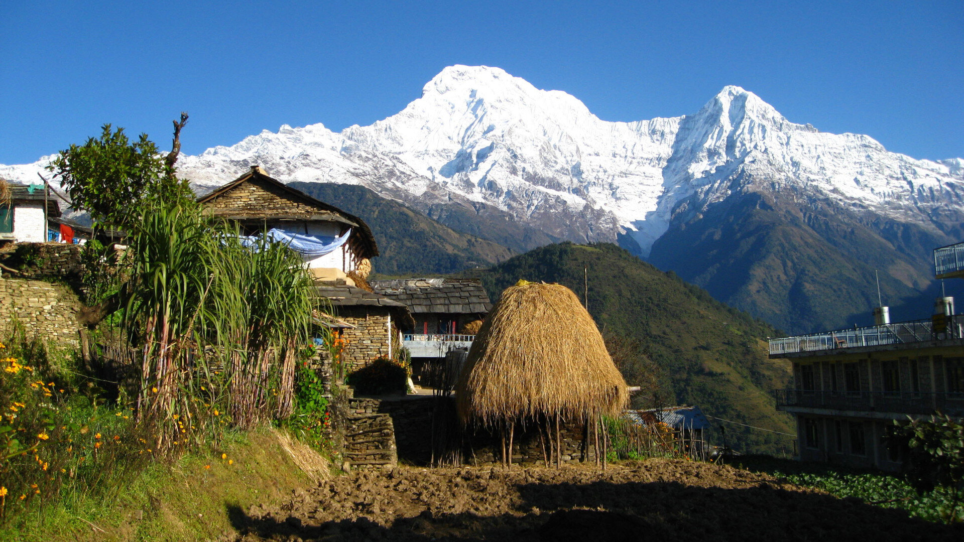 Mountains and old traditional house in Dhampus Village 