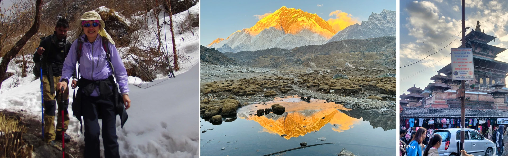 a person paragliding, a snowy mountain landscape, and a traditional Nepalese building