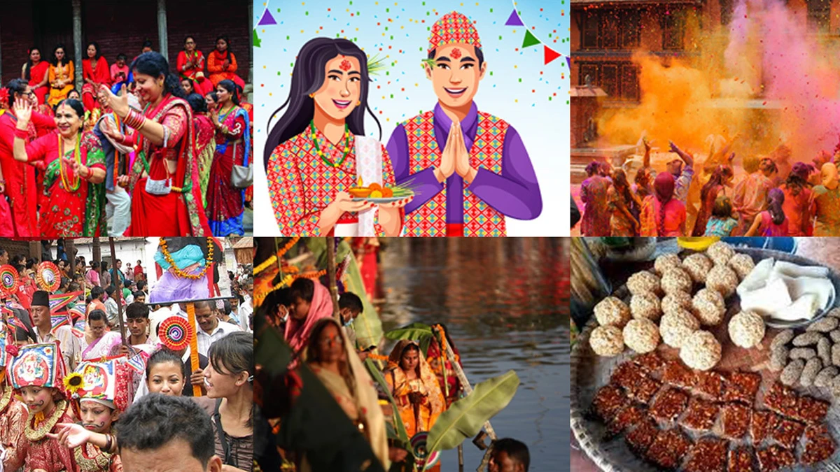 people celebrating festival like teej, dashin, holi, mage sangrati in a grid 