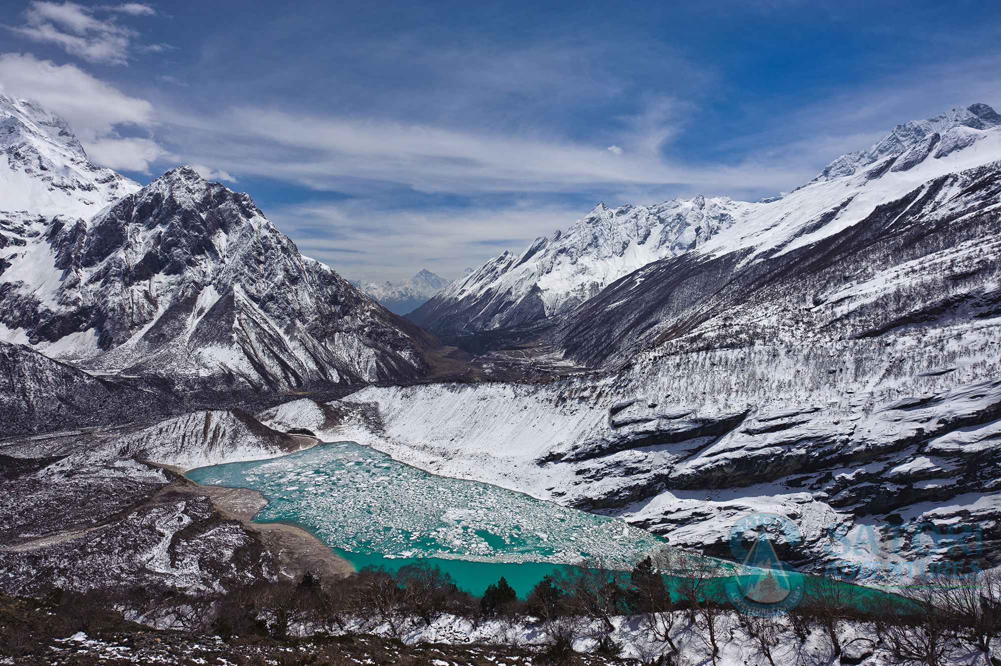 stunning panoramic view of a glacial lake surrounded by snow-capped mountains, likely within the Himalayan range