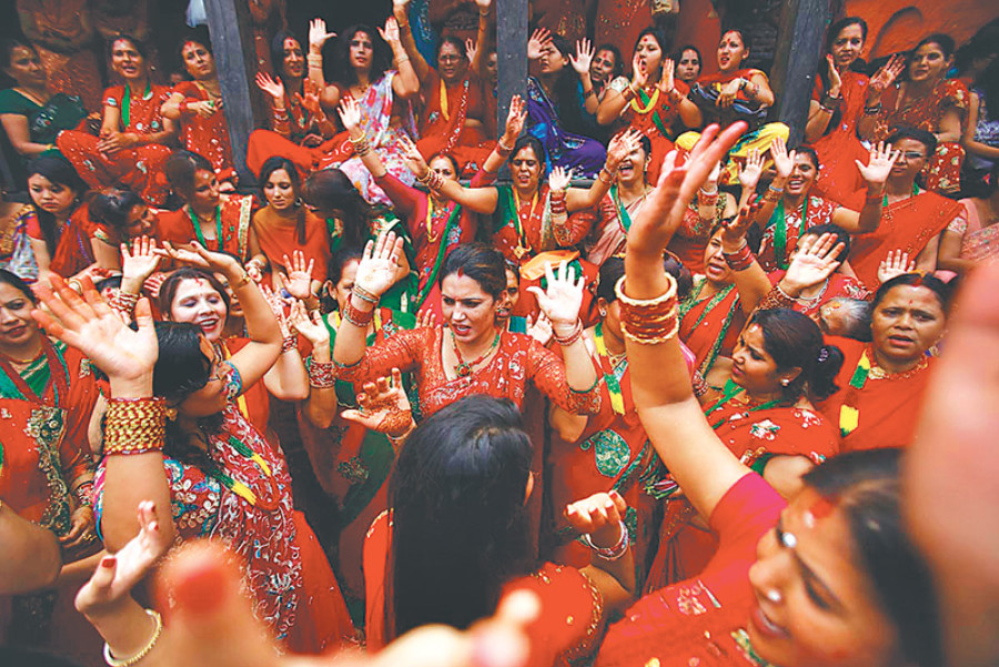 Women dancing during teej celebration
