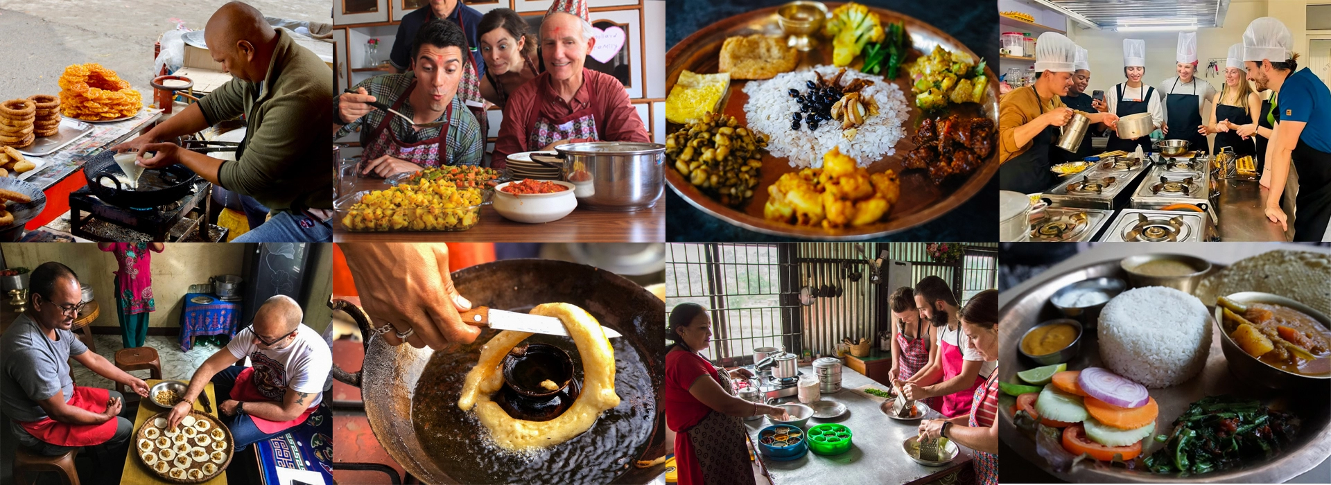 Nepalese cuisine, featuring multiple smaller images of food preparation and dishes, including a traditional "Khaja set". The page also contains text describing the cultural history and food traditions associated with each recipe.