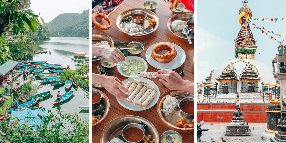 The top panel features colorful boats on a calm body of water, possibly a lake or river, surrounded by lush greenery, with a waterfall visible in the background. The middle panel displays a close-up of a dining experience, with multiple hands reaching for food laid out on a wooden table, including traditional dishes like thali sets and bread