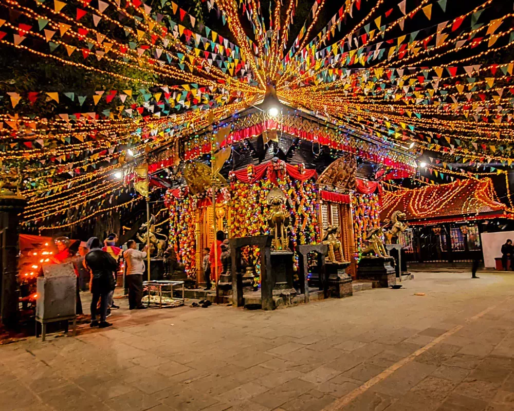 Maitidevi temple decorated with light and flower during tihar