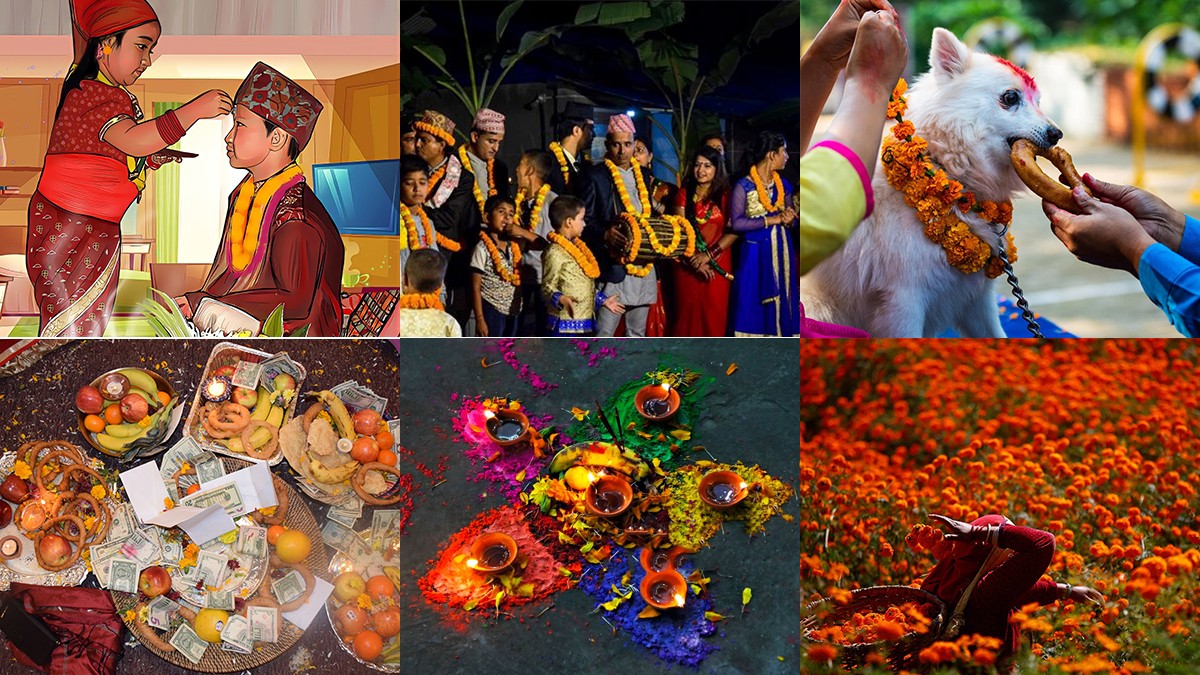The image is a collage of six photos depicting various aspects of a Hindu festival, likely Tihar, celebrated in Nepal. It includes suster putting tika to her brother, playing deusibhaiol, rangoli and flowers