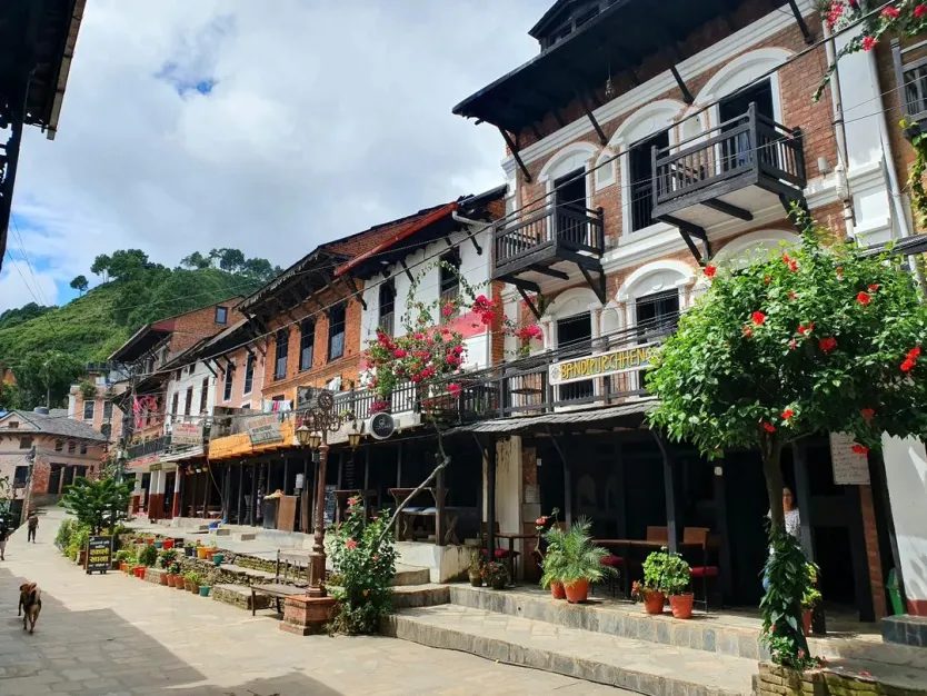 the old classical newari building with green plants