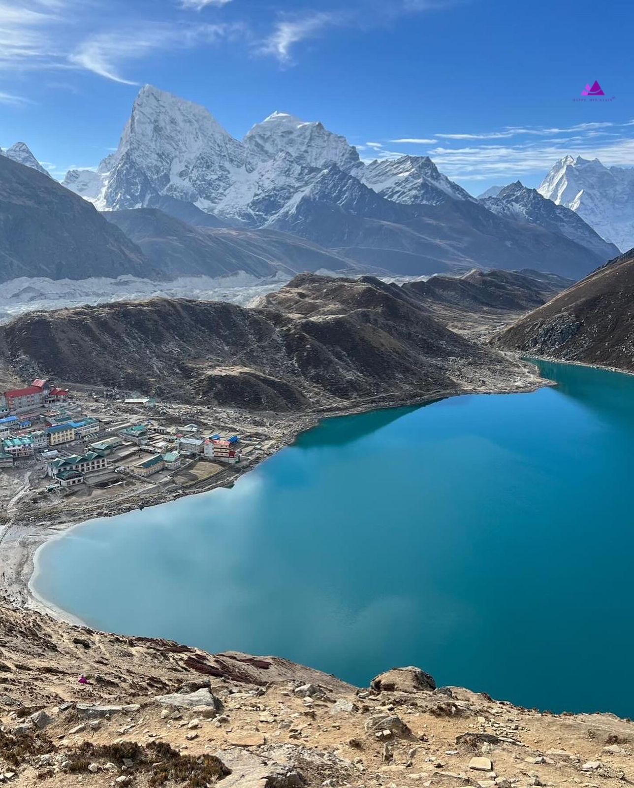 A small village sits on the shore of a vibrant turquoise Gokyo lake, surrounded by a rugged, dry landscape and large, snow-capped mountains under a blue sky.